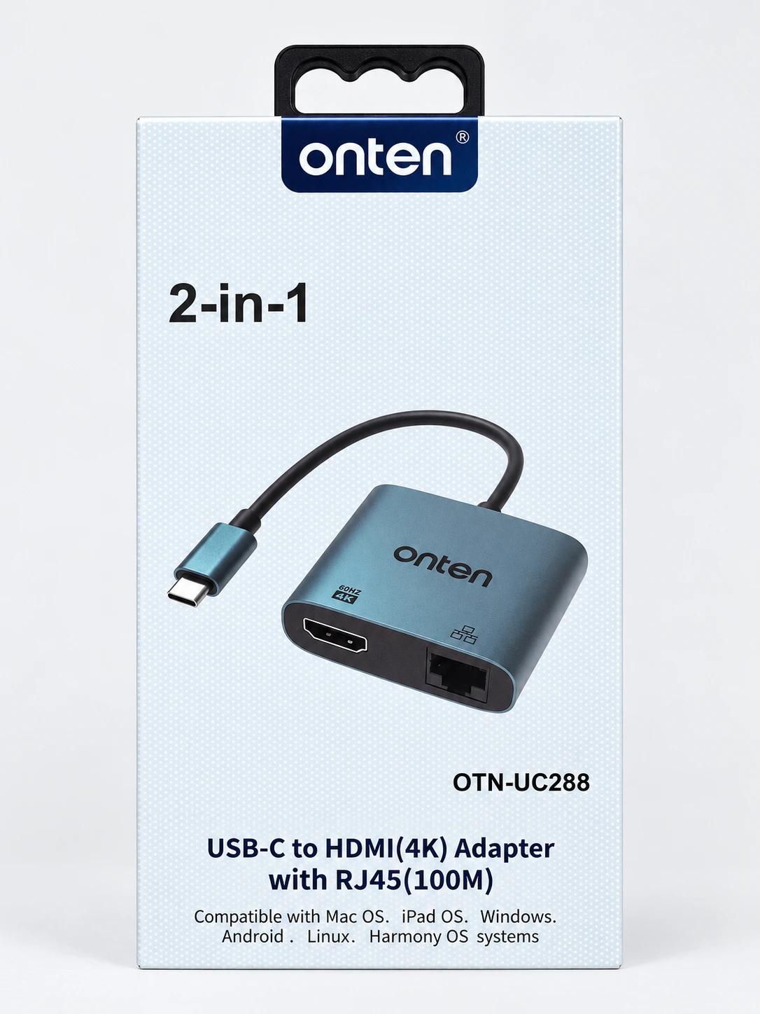 ONTEN 2-in-1 USB-C to HDMI 4K & RJ45 Ethernet Adapter – 4K 60Hz UHD Display, 100Mbps LAN Converter | OTN-UC288
