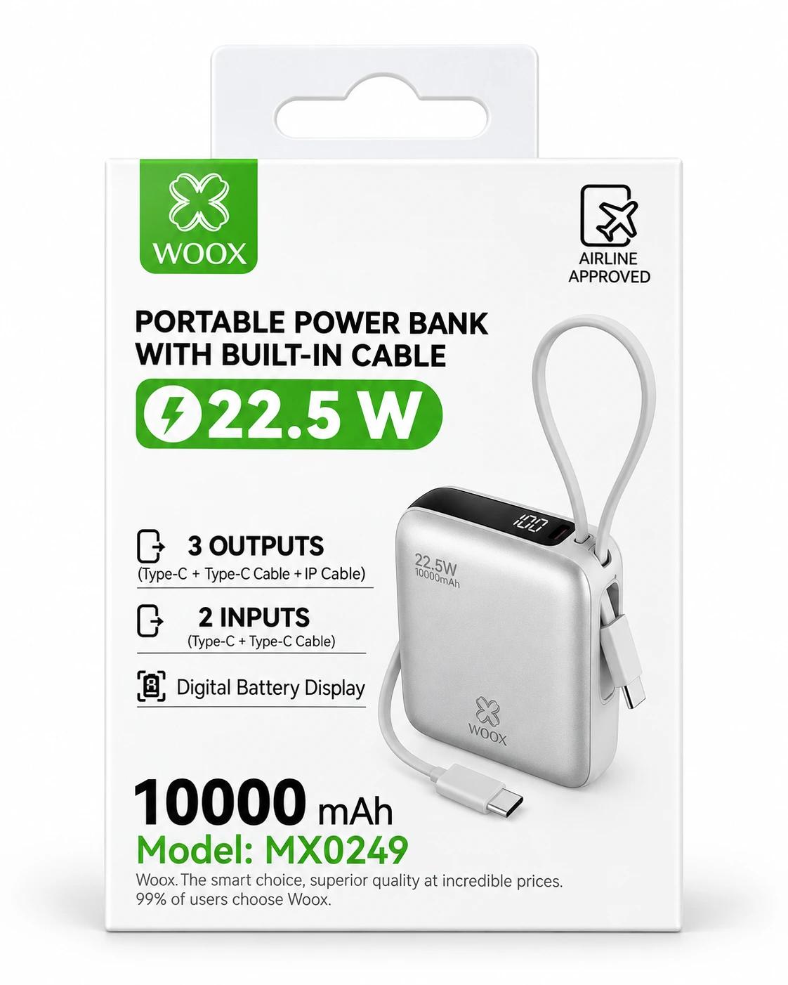 WOOX 10,000mAh 22.5W Fast Charging Power Bank with Built-in Cables – MX0249