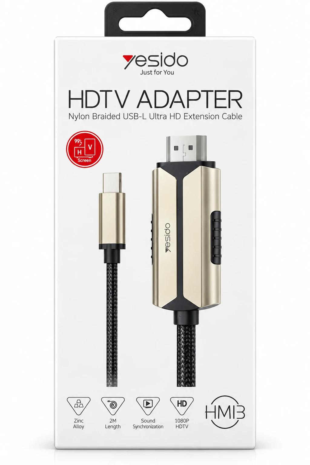 YESIDO USB-C to HDMI HDTV Adapter Cable – 2M Nylon Braided, 1080P HD Video & Audio | Zinc Alloy
