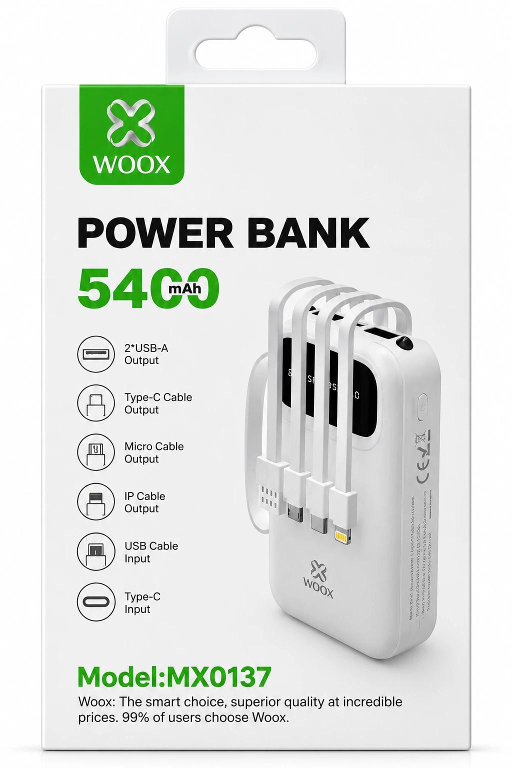 WOOX 5400mAh Power Bank with Built-in Cables – White | MX0137