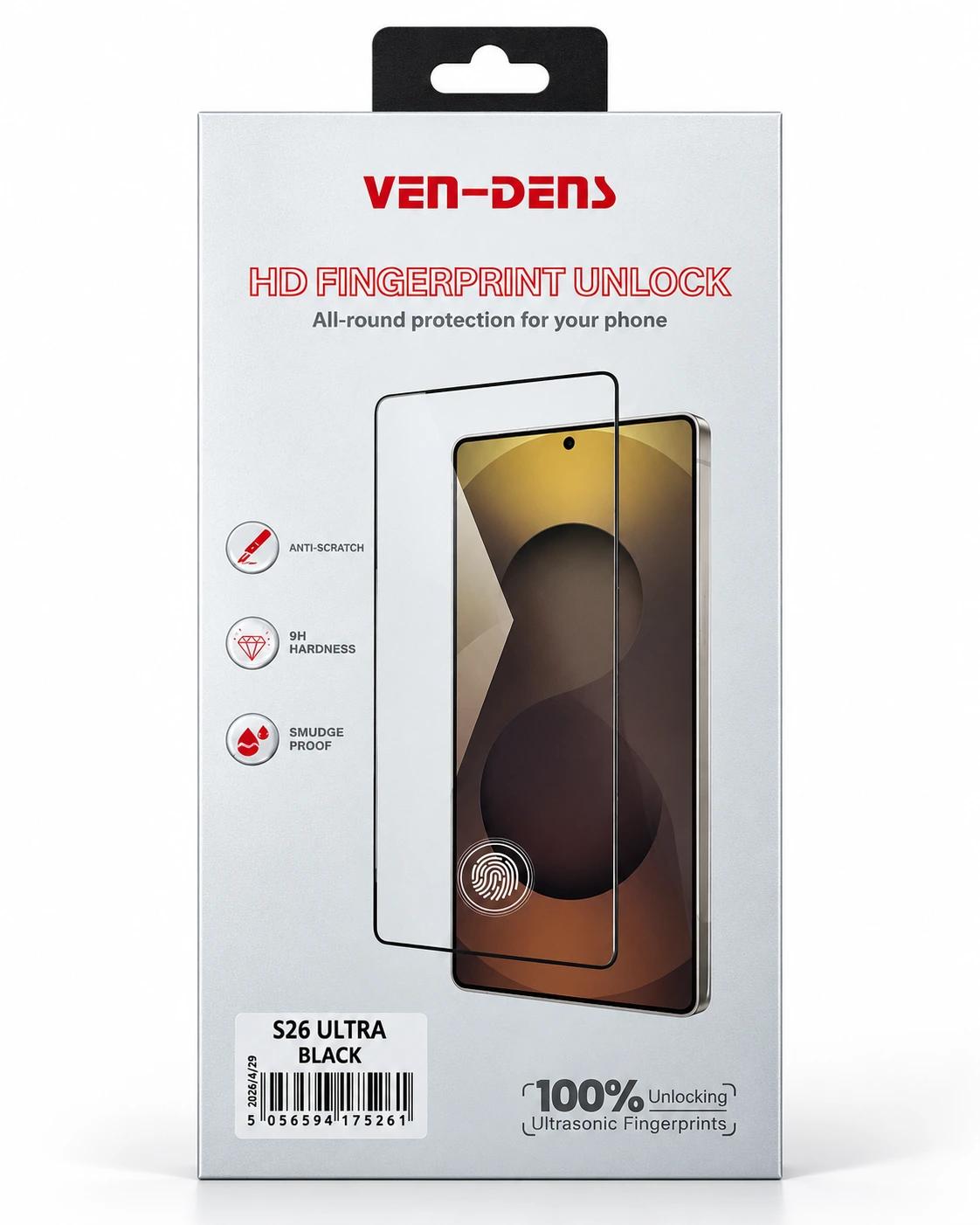 VEN-DENS HD Tempered Glass Screen Protector for Samsung Galaxy S26 Ultra – 9H Hardness & Fingerprint Unlock