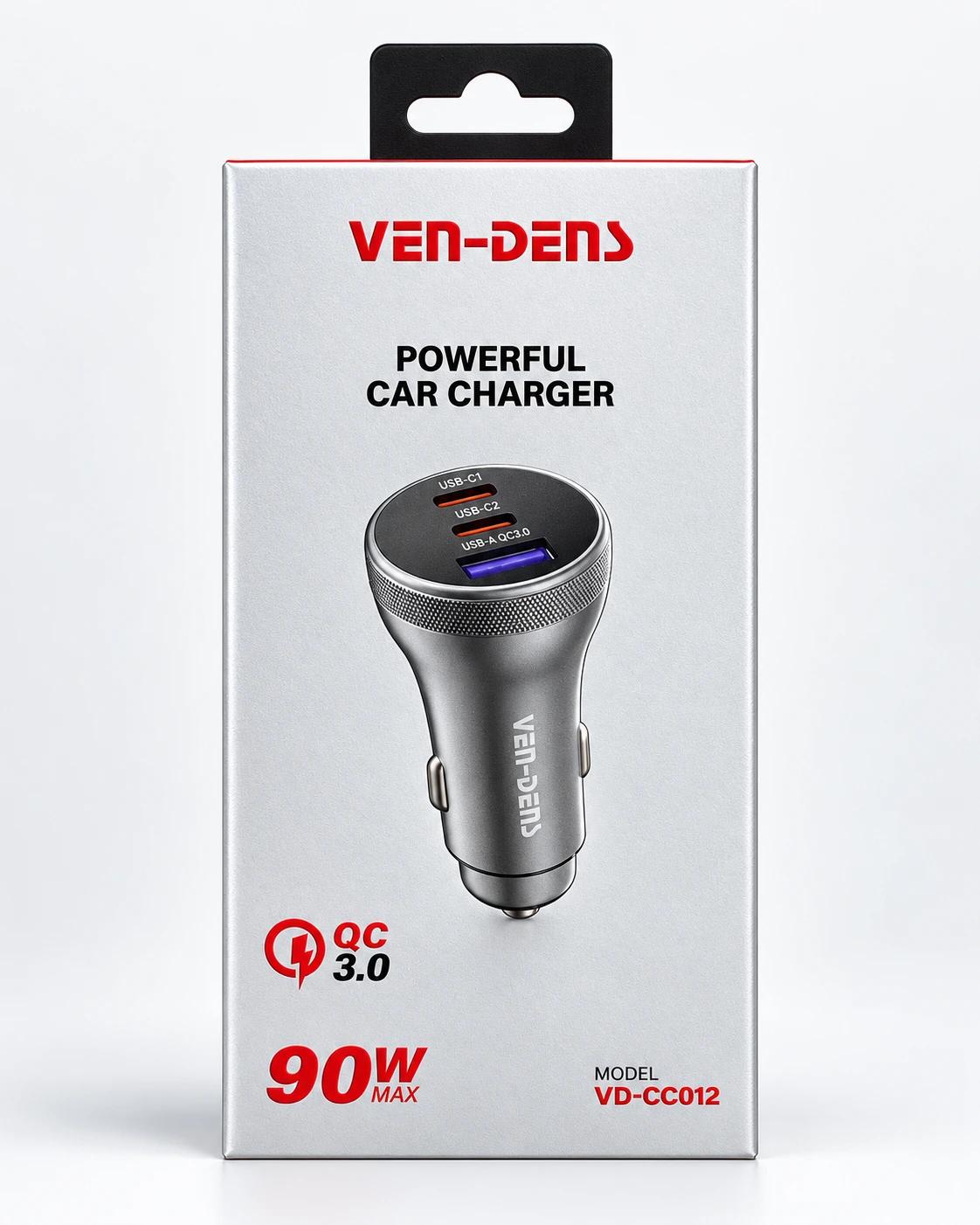 VEN-DENS 90W Fast Car Charger – Dual USB-C PD & USB-A QC 3.0 | 3-Port Charging – VD-CC012